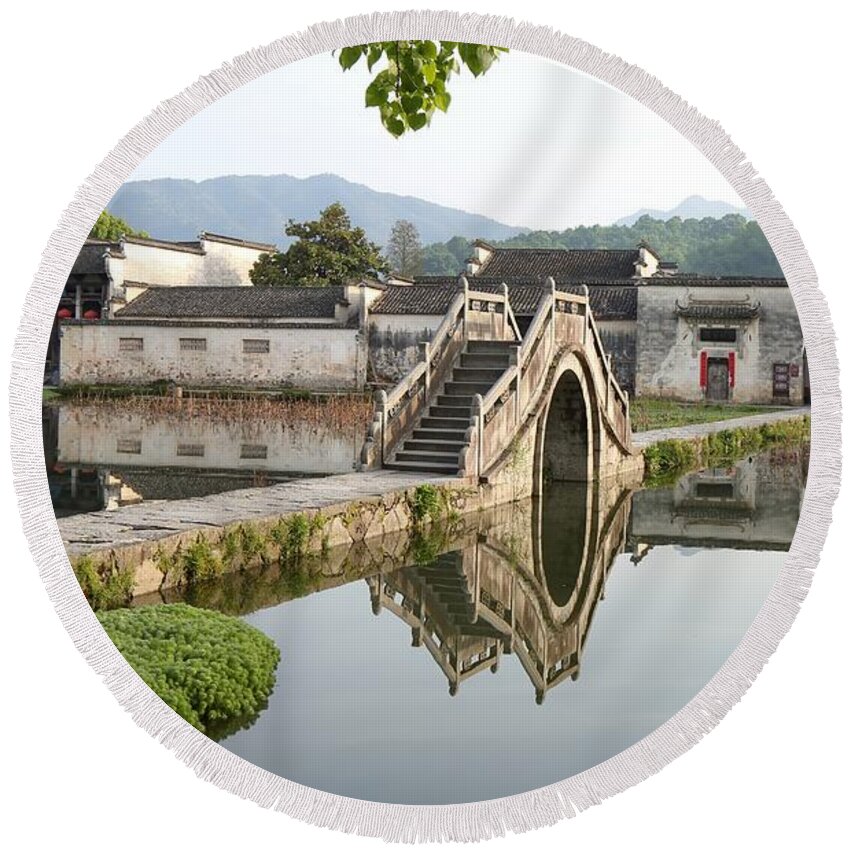 Arched Stone Bridge Round Beach Towel featuring the photograph Arched Stone Bridge in Hong Village by Mingming Jiang