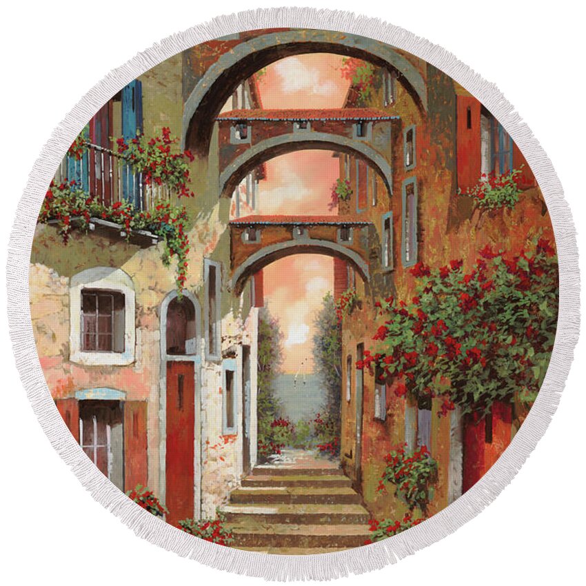 Arches Round Beach Towel featuring the painting Archetti In Rosso by Guido Borelli