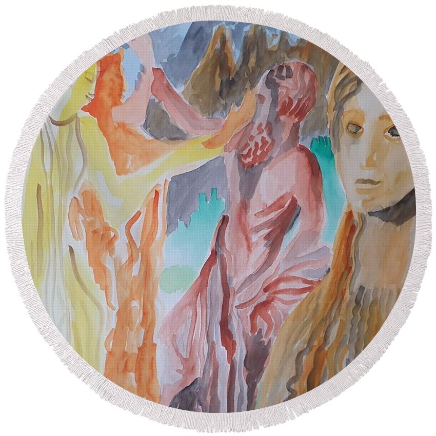 Sculpture Round Beach Towel featuring the painting Archcaic Hellenistic Beauty by Enrico Garff
