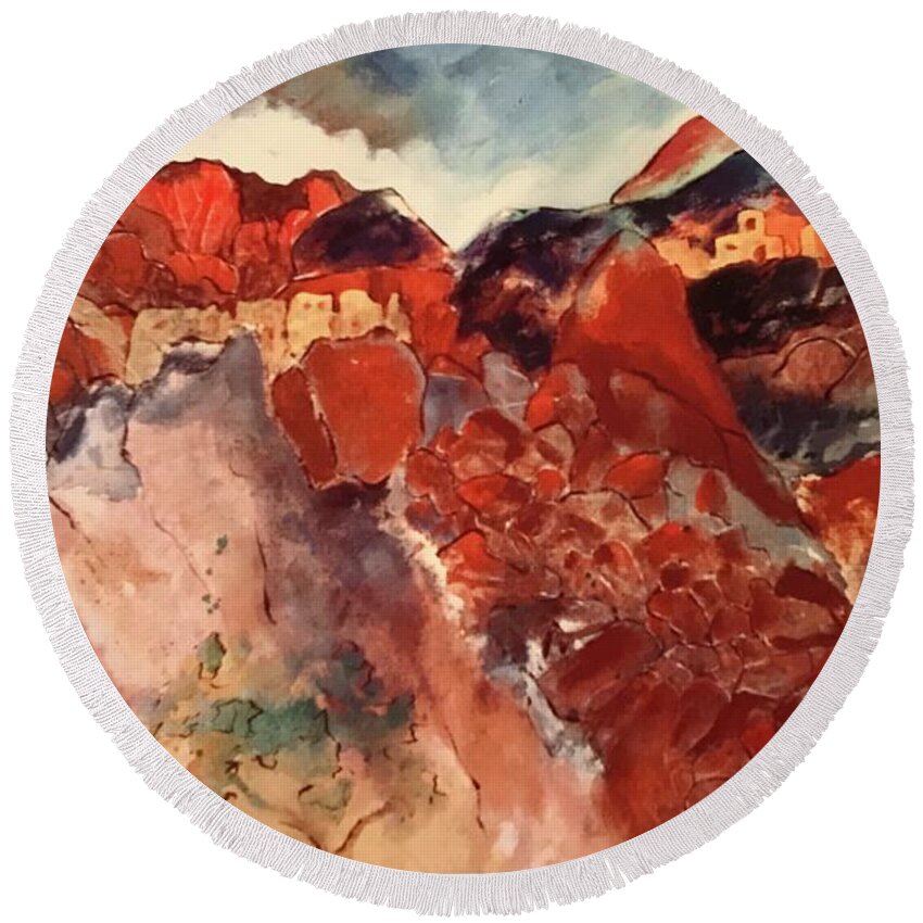 Southwest Landscape Round Beach Towel featuring the painting Arizona Cave Dwellings by Elaine Elliott