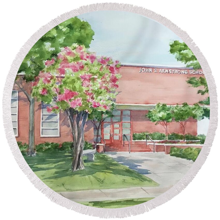 Armstrong Round Beach Towel featuring the painting Armstrong Elementary by Liana Yarckin