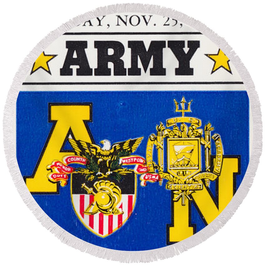 Army Navy Game Round Beach Towel featuring the mixed media Army Navy Game 1983 by Row One Brand