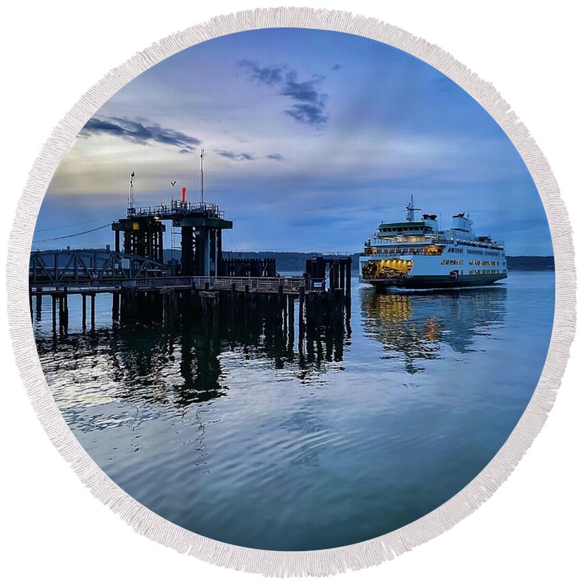 Sea Round Beach Towel featuring the photograph Arriving of ferry by Anamar Pictures