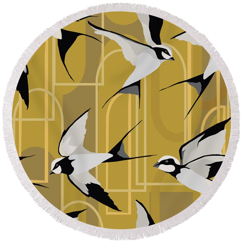 Seamless Repeat Round Beach Towel featuring the digital art Art Deco Swallows on Gold by Sand And Chi