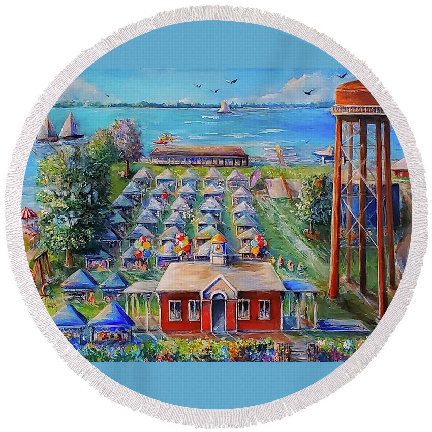 Water Tower Round Beach Towel featuring the painting Art on the Bay by Bernadette Krupa