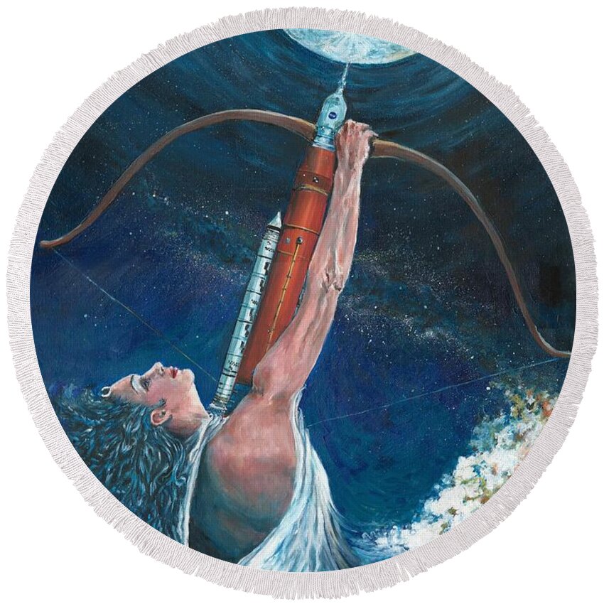 Artemis Round Beach Towel featuring the painting Artemis by Merana Cadorette