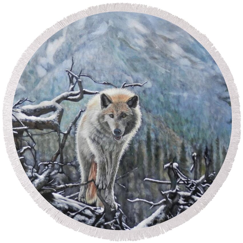 Wolf Round Beach Towel featuring the painting Arctic Wolf by John Neeve