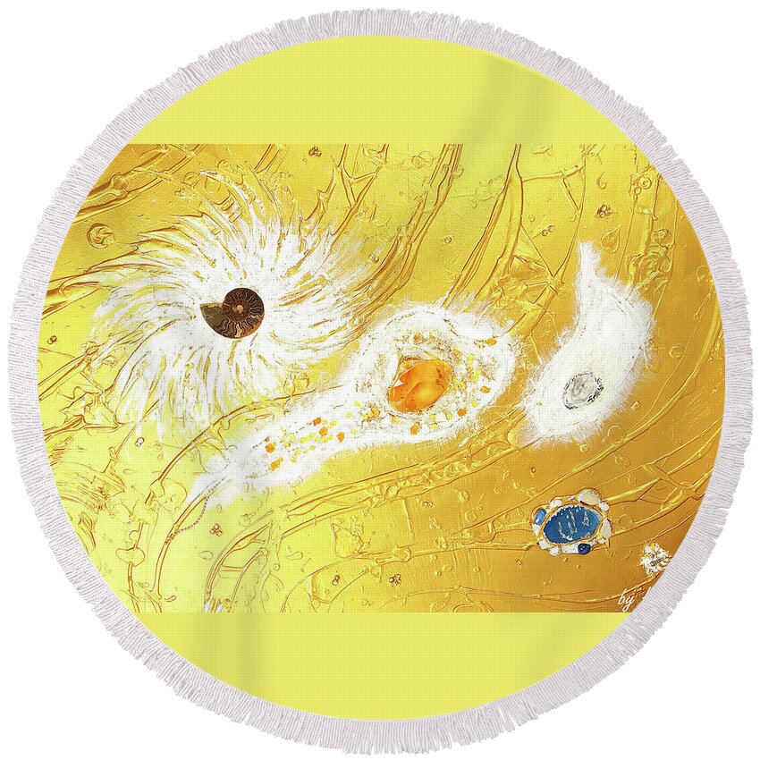 The Golden Peace Flow Of Creation Round Beach Towel featuring the relief Artscape No. 2 The golden peace flow of creation by Heidi Sieber
