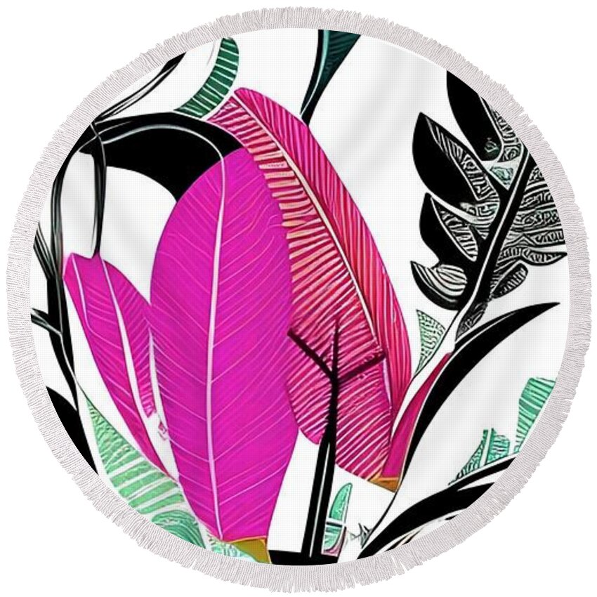 Botanical Round Beach Towel featuring the digital art Artsy Botanical - maroon turquoise ginger brown fucshia art and home decor by Bonnie Bruno