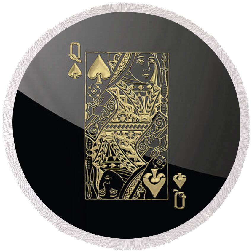 'gamble' Collection By Serge Averbukh Round Beach Towel featuring the digital art Queen of Spades in Gold on Black  by Serge Averbukh