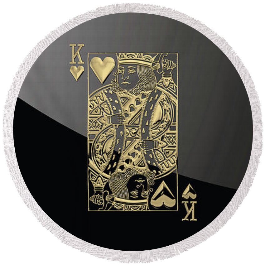 'gamble' Collection By Serge Averbukh Round Beach Towel featuring the digital art King of Hearts in Gold on Black by Serge Averbukh