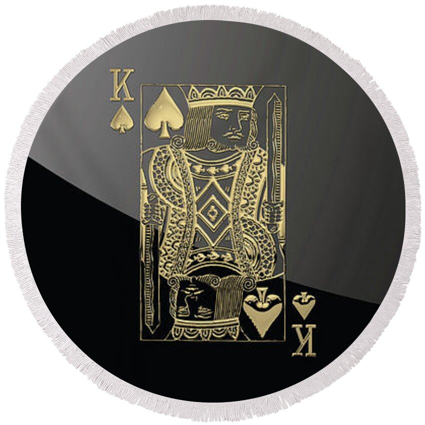 'gamble' Collection By Serge Averbukh Round Beach Towel featuring the digital art King of Spades in Gold on Black  by Serge Averbukh