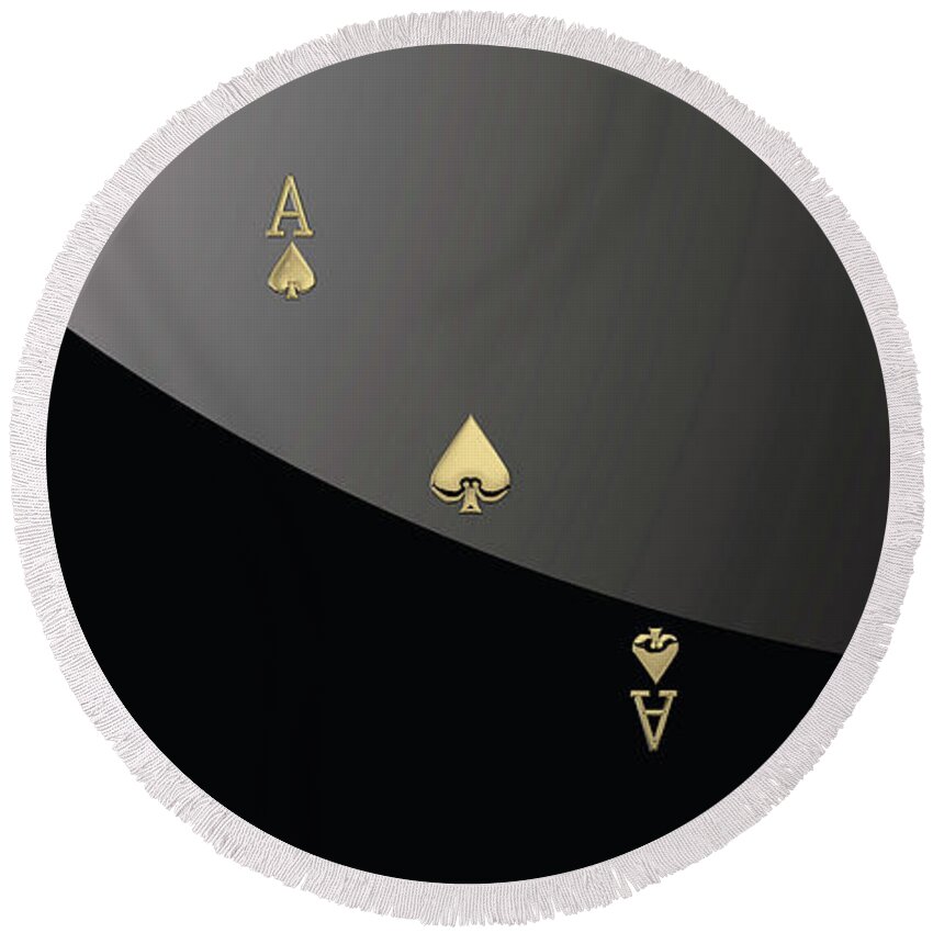 'gamble' Collection By Serge Averbukh Round Beach Towel featuring the digital art Ace of Spades in Gold on Black  by Serge Averbukh