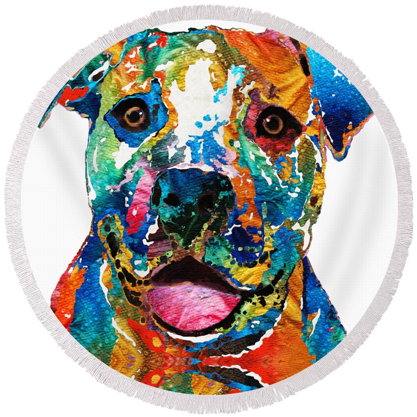 Dog Round Beach Towel featuring the painting Colorful Dog Pit Bull Art - Happy - By Sharon Cummings by Sharon Cummings
