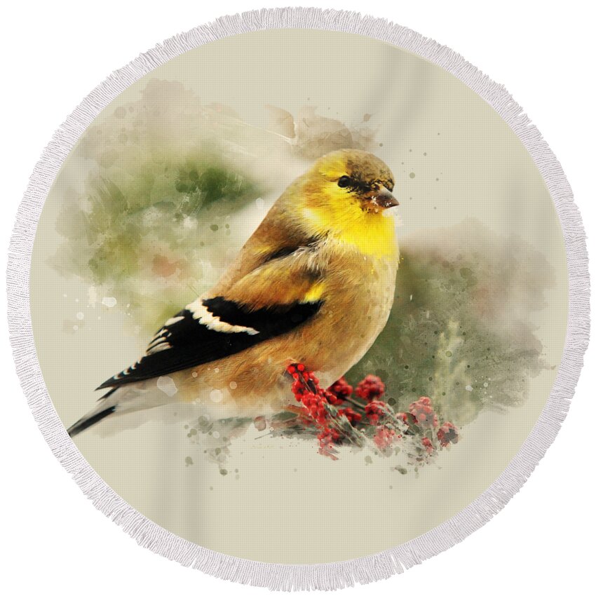 Goldfinch Round Beach Towel featuring the mixed media Goldfinch Watercolor Art by Christina Rollo