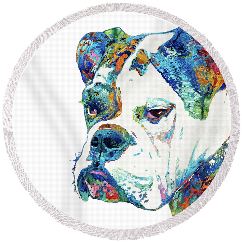 Bulldog Round Beach Towel featuring the painting Colorful English Bulldog Art By Sharon Cummings by Sharon Cummings