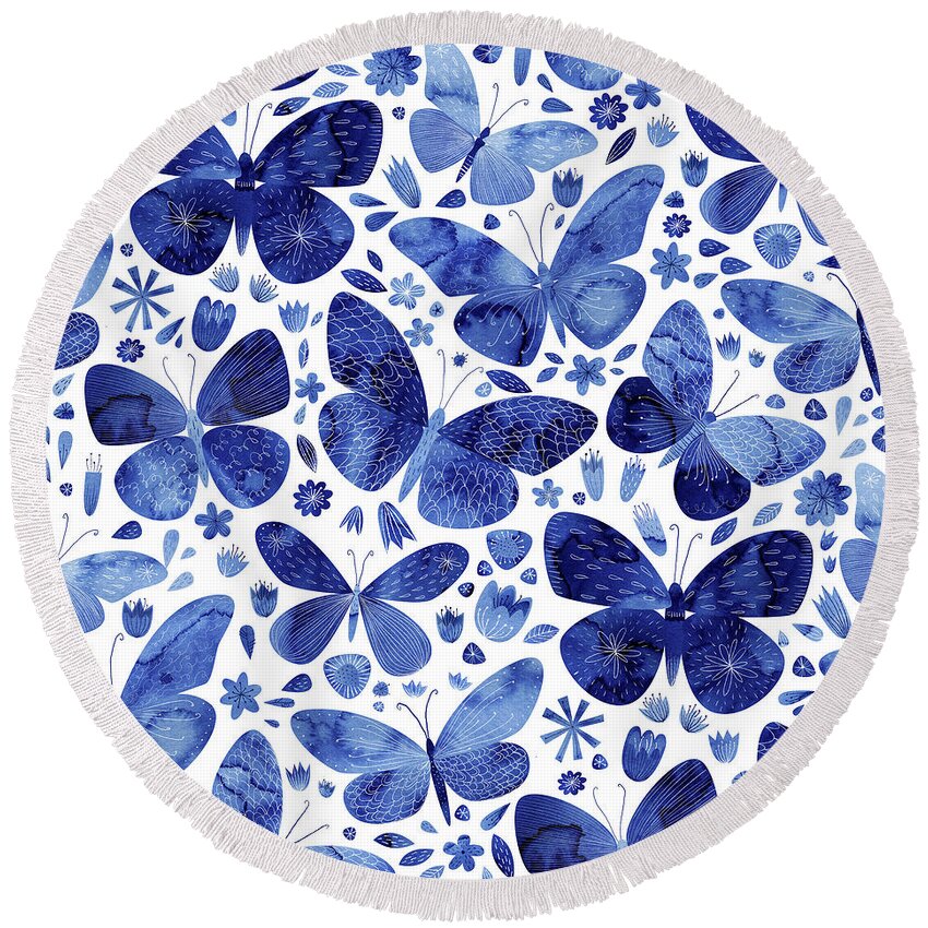 Watercolor Round Beach Towel featuring the painting Blue Butterflies by Nic Squirrell