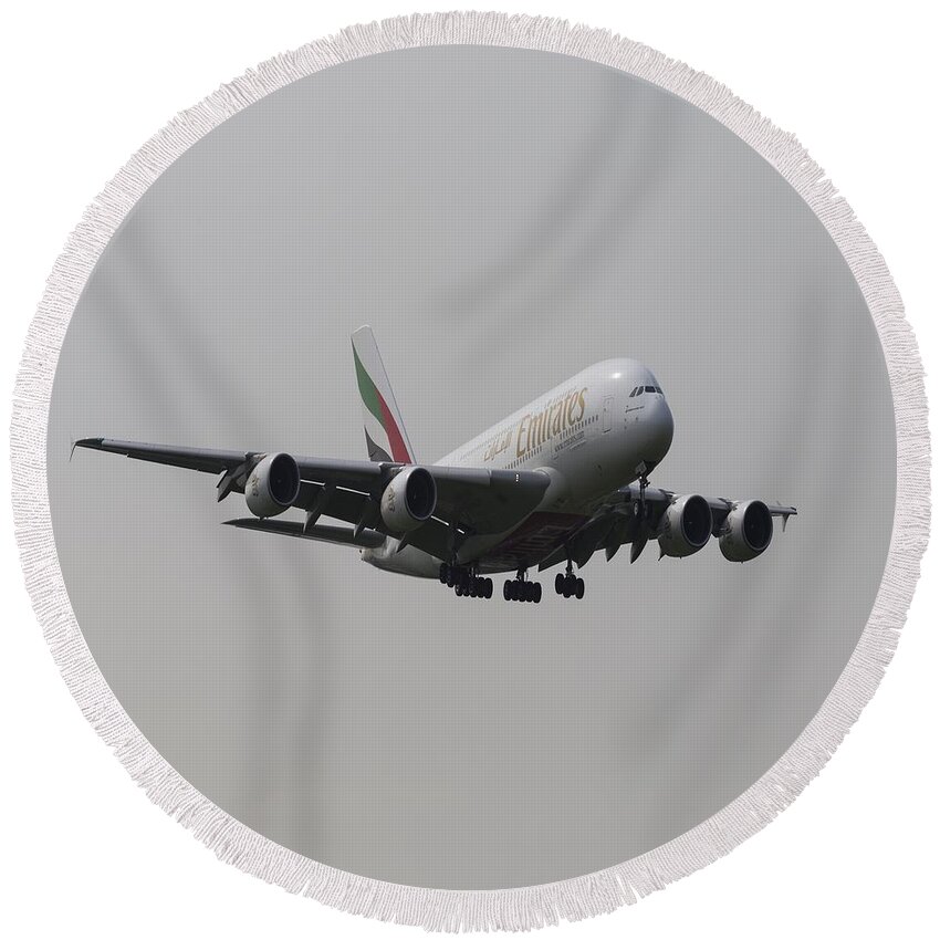  Round Beach Towel featuring the photograph Emirates A380 Airbus #2 by David Pyatt