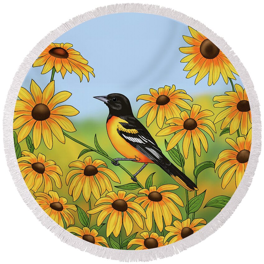 Bird Round Beach Towel featuring the digital art Maryland State Bird Oriole and Daisy Flower by Crista Forest