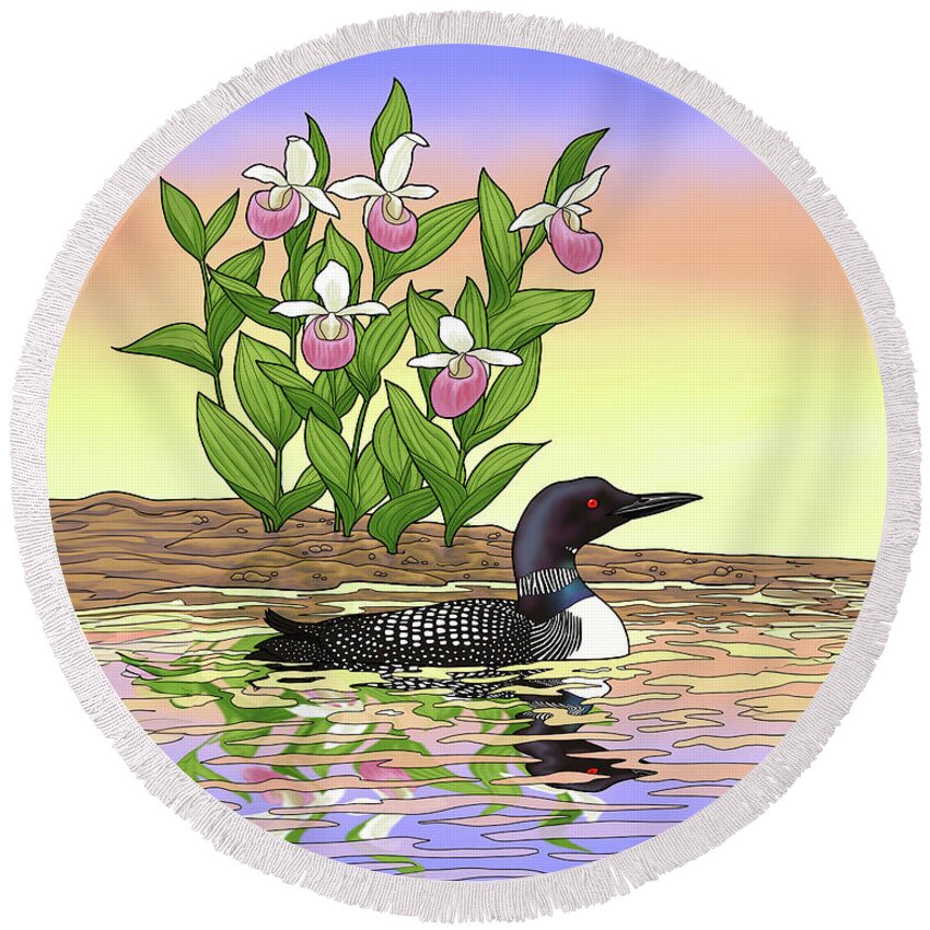 Bird Round Beach Towel featuring the painting Minnesota State Bird Loon and Flower Ladyslipper by Crista Forest