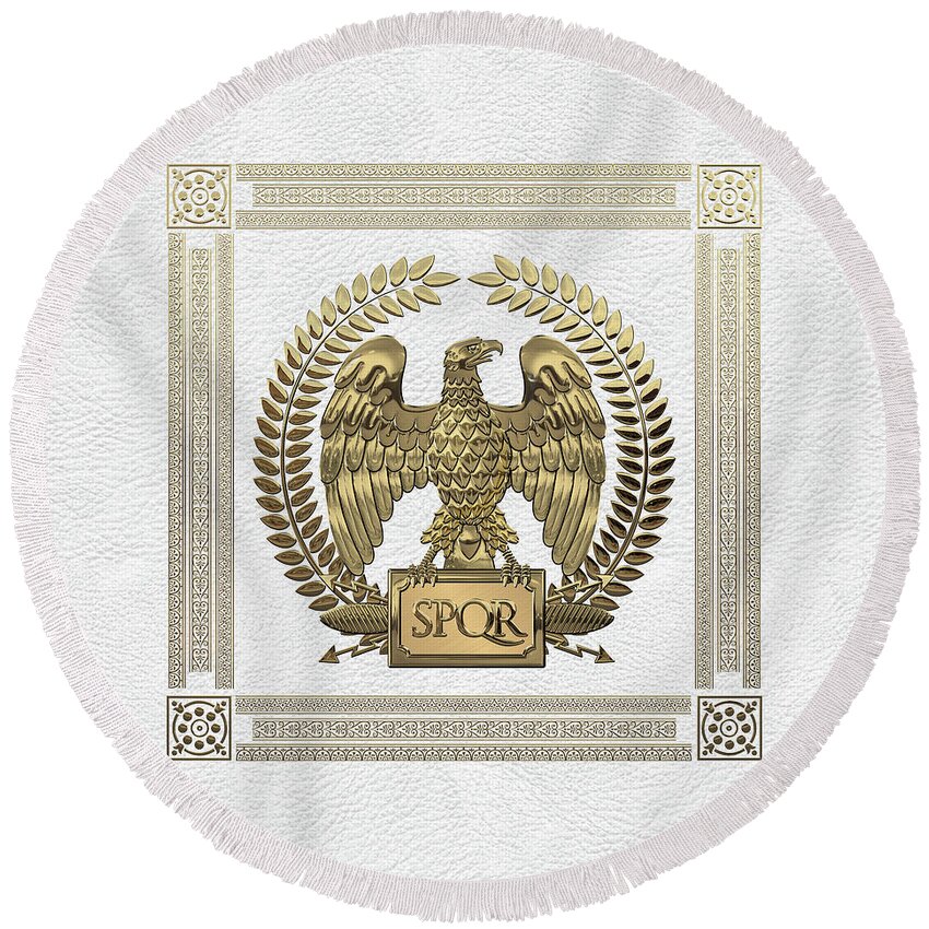 ‘treasures Of Rome’ Collection By Serge Averbukh Round Beach Towel featuring the digital art Roman Empire - Gold Imperial Eagle over White Leather by Serge Averbukh