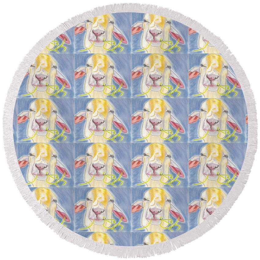 Goat Round Beach Towel featuring the mixed media Percival a Fun Adorable Mixed Media Goat Chewing Straw Drawing by Ali Baucom
