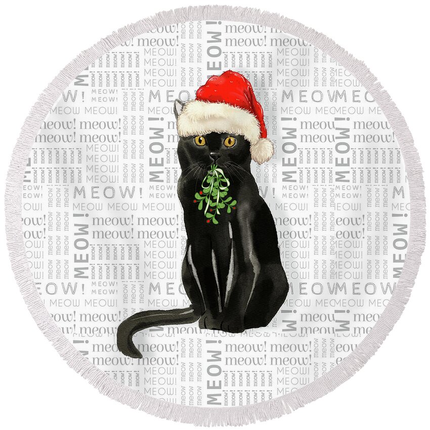 Message Round Beach Towel featuring the digital art Bombay Cat with Mistletoe Fun Holiday by Doreen Erhardt