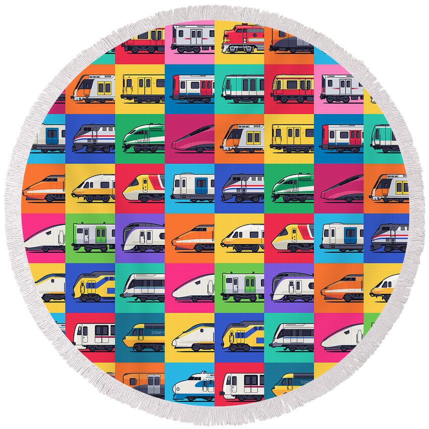 Train Round Beach Towel featuring the digital art World Trains Pattern by Organic Synthesis