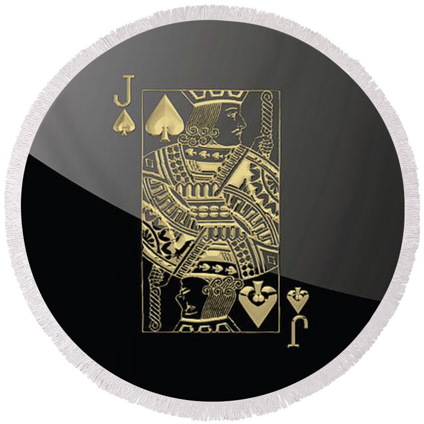 'gamble' Collection By Serge Averbukh Round Beach Towel featuring the digital art Jack of Spades in Gold over Black by Serge Averbukh
