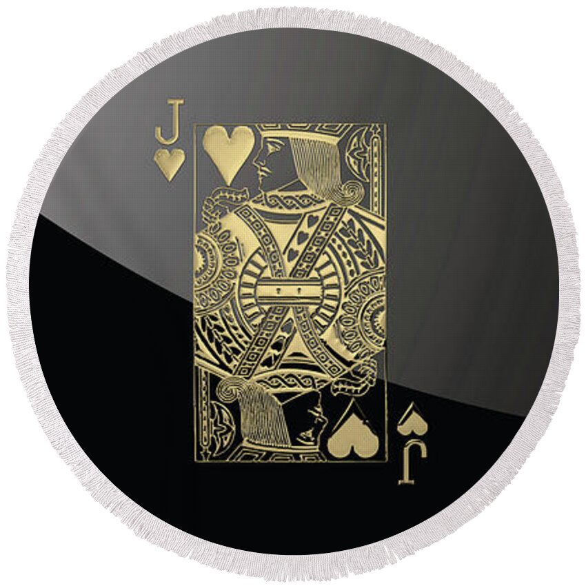 'gamble' Collection By Serge Averbukh Round Beach Towel featuring the digital art Jack of Hearts in Gold over Black by Serge Averbukh