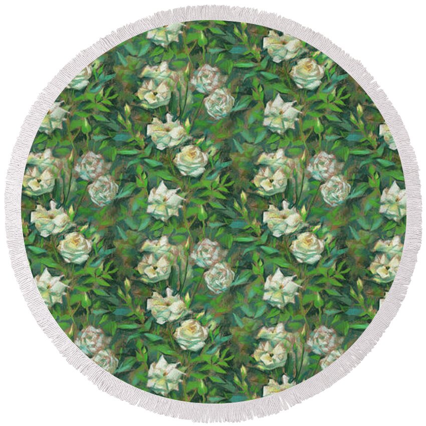Summer Greenery Round Beach Towel featuring the pastel White Roses, Green Leaves by Julia Khoroshikh