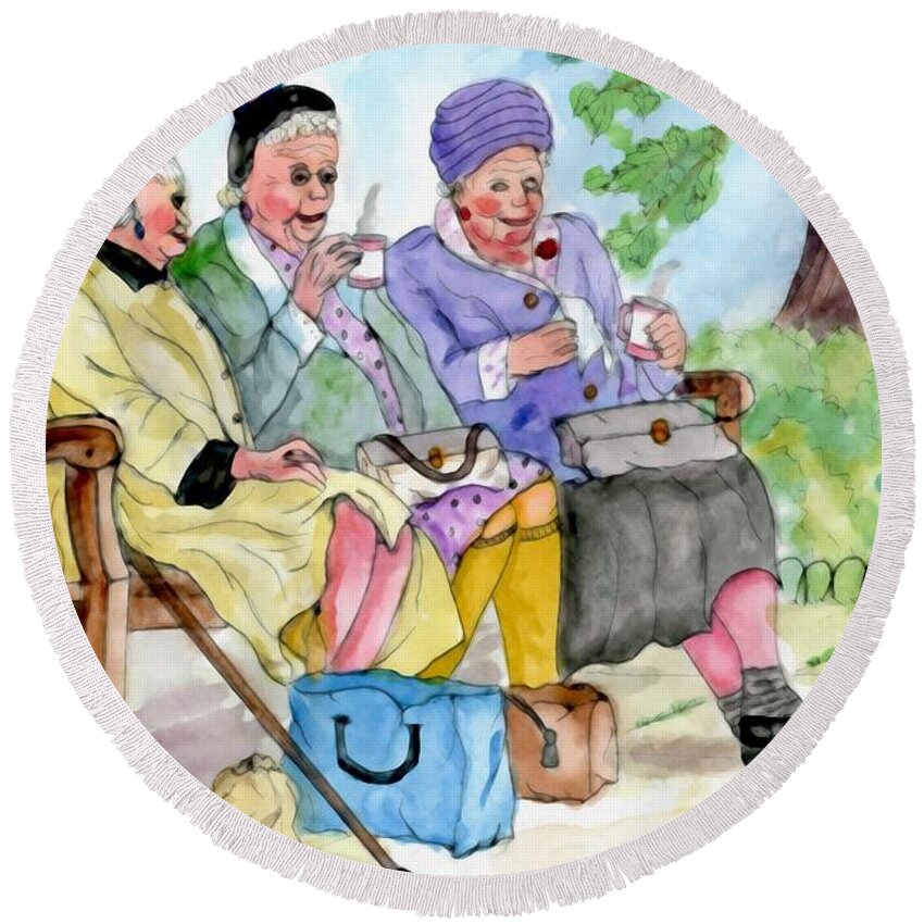 Once Upon A Park Bench Round Beach Towel featuring the painting Once Upon A Park Bench When Women by Philip And Robbie Bracco