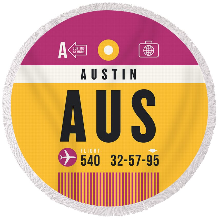 Airline Round Beach Towel featuring the digital art Luggage Tag A - AUS Austin USA by Organic Synthesis