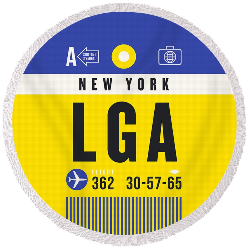 Airline Round Beach Towel featuring the digital art Luggage Tag A - LGA New York USA by Organic Synthesis