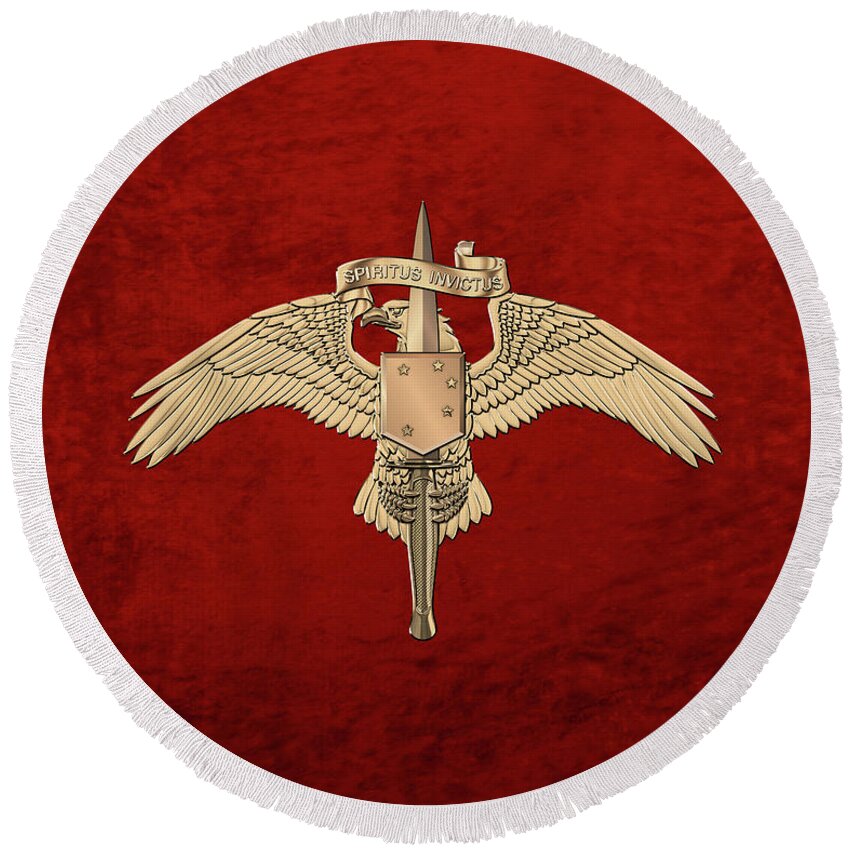 Military Insignia & Heraldry Collection By Serge Averbukh Round Beach Towel featuring the digital art Marine Special Operator Insignia - USMC Raider Dagger Badge over Red Velvet by Serge Averbukh