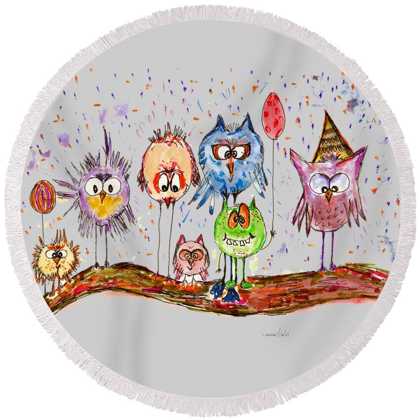 Owls Round Beach Towel featuring the painting Crazy Bastards on a Wild Party by Ramona Matei