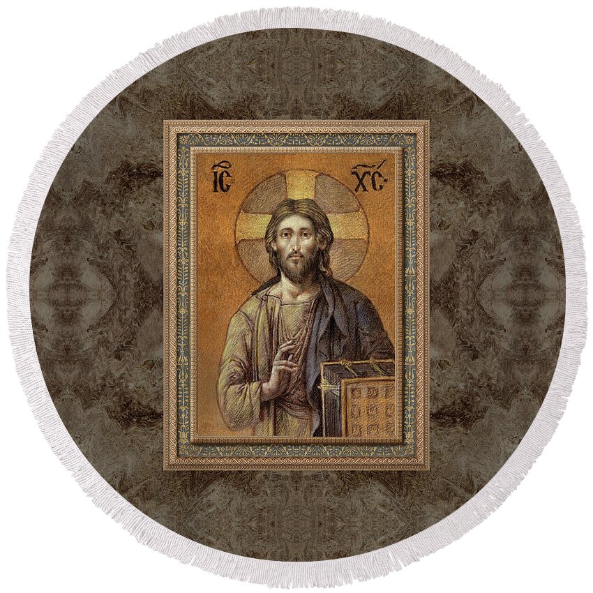 Christian Art Round Beach Towel featuring the painting Byzantine Christ by Kurt Wenner