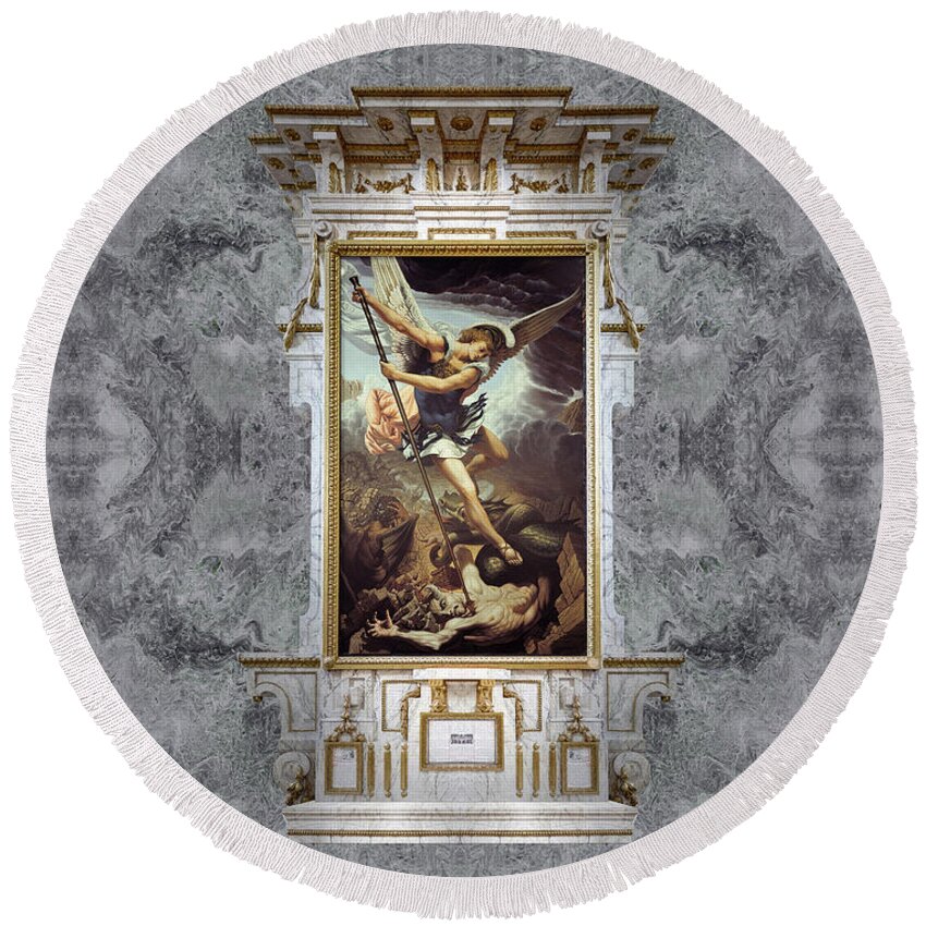Christian Art Round Beach Towel featuring the painting Archangel Michael by Kurt Wenner