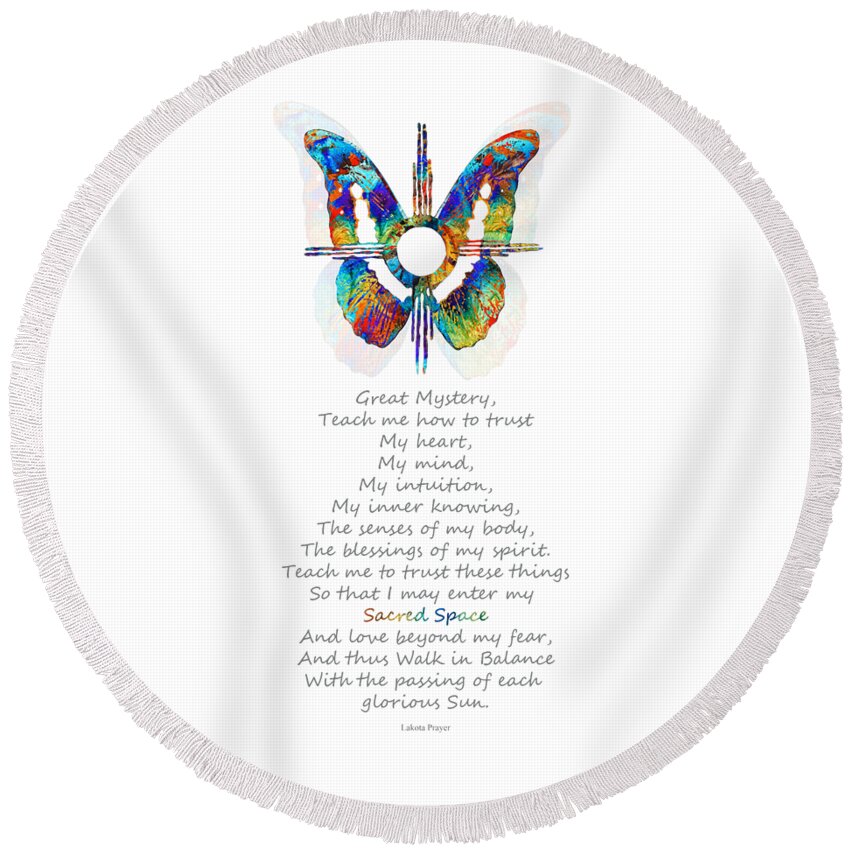 Butterfly Round Beach Towel featuring the painting Native American Healing Prayer - Sun Symbol - Sharon Cummings by Sharon Cummings