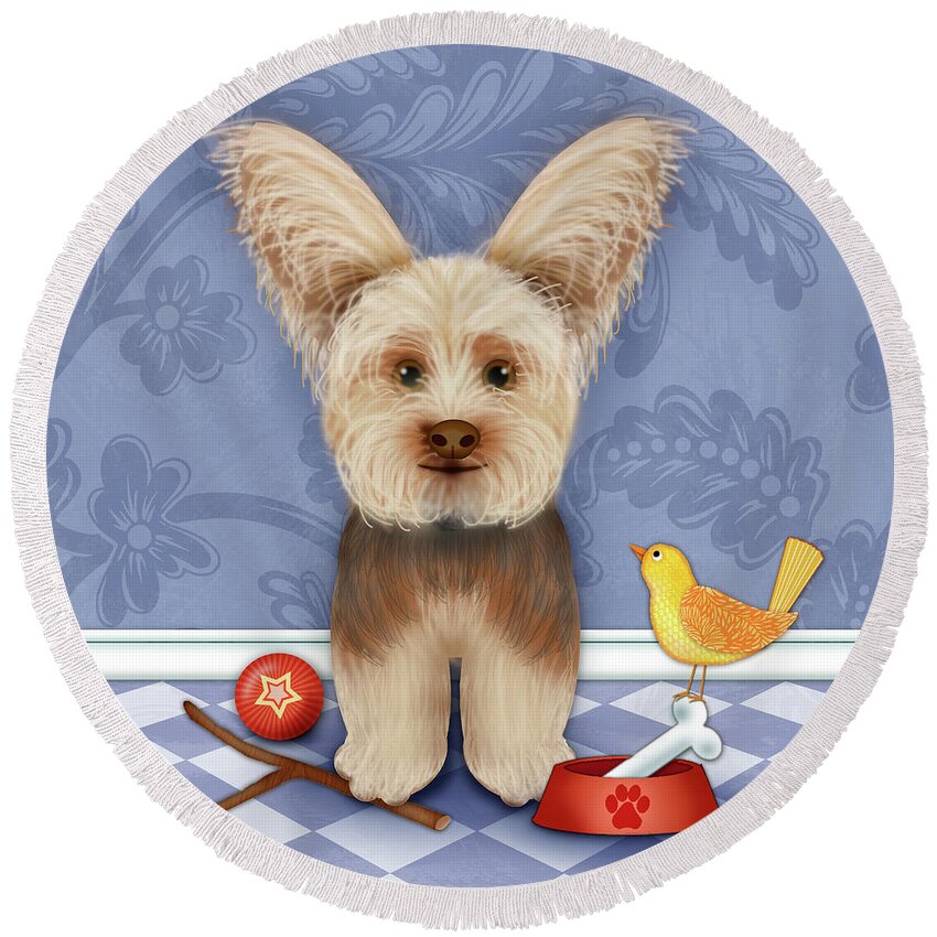 Yorkie Round Beach Towel featuring the digital art Y is for Yorkie by Valerie Drake Lesiak