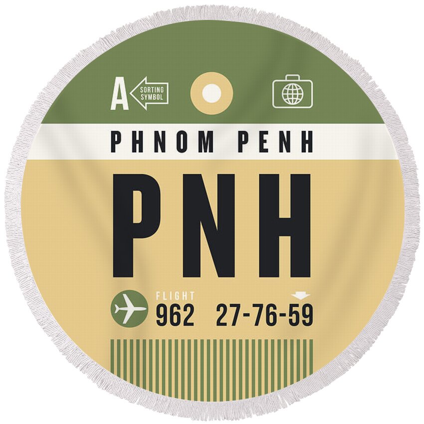 Airline Round Beach Towel featuring the digital art Luggage Tag A - PNH Phnom Penh Cambodia by Organic Synthesis