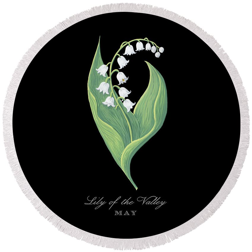 Lily Of The Valley Round Beach Towel featuring the painting Lily of the Valley May Birth Month Flower Botanical Print on Black - Art by Jen Montgomery by Jen Montgomery