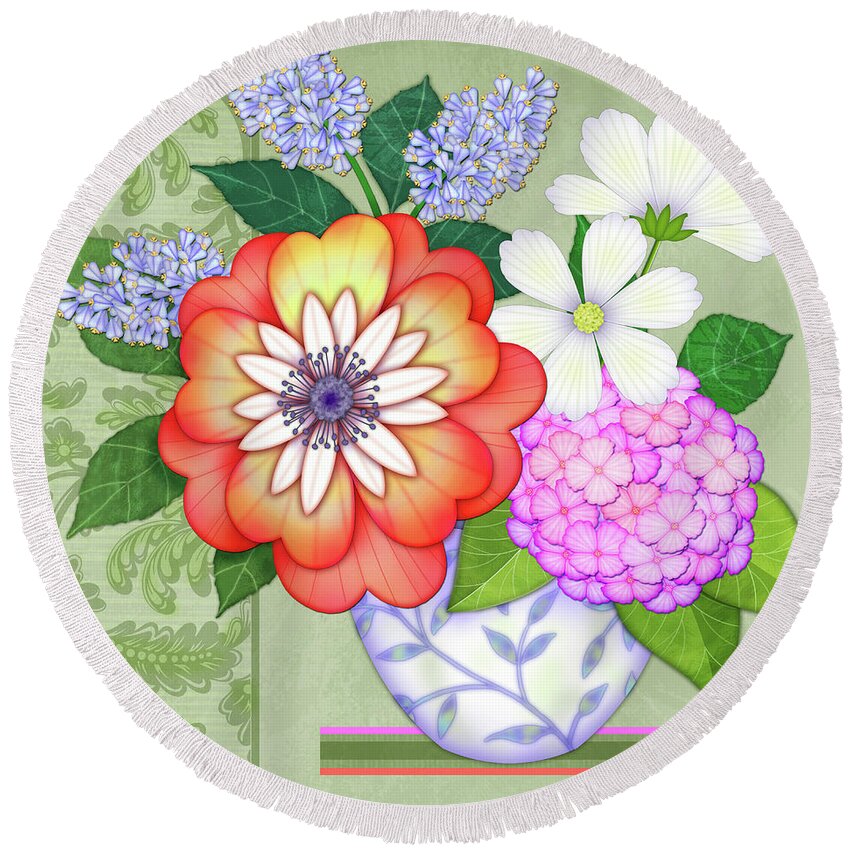 Flowers Round Beach Towel featuring the digital art Tranquility - Flowers in Vase by Valerie Drake Lesiak