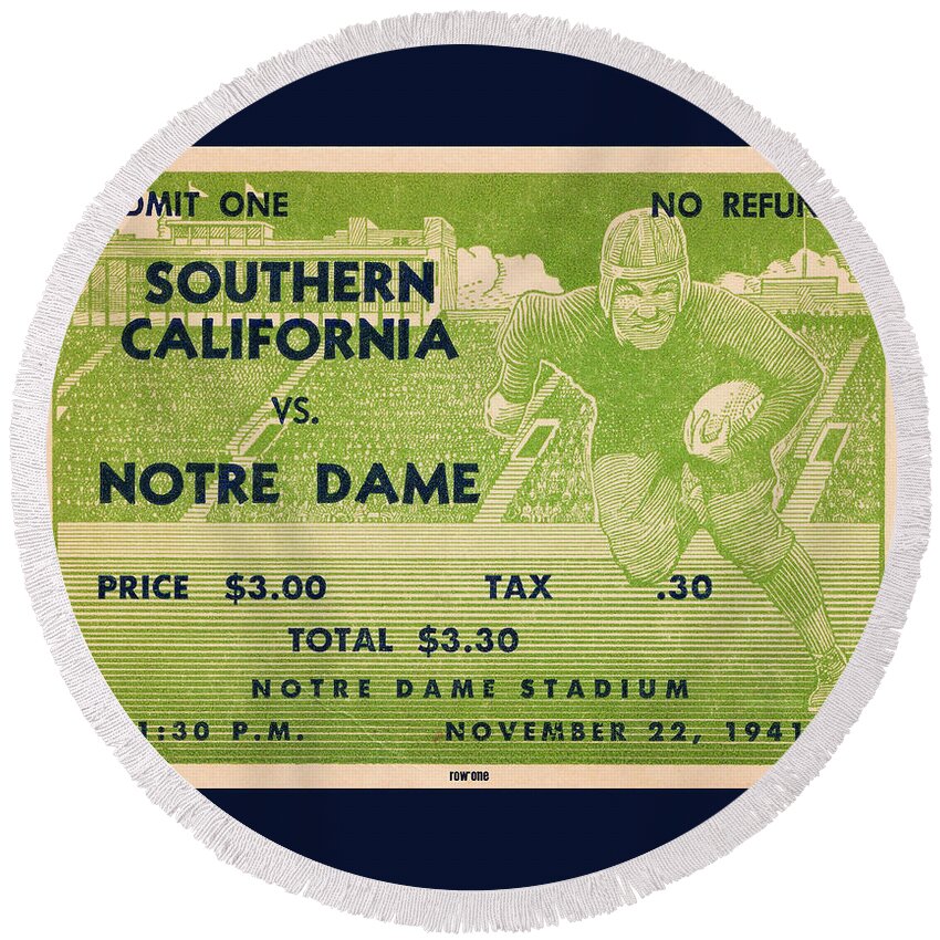 Notre Dame Round Beach Towel featuring the mixed media 1941 USC vs. Notre Dame by Row One Brand