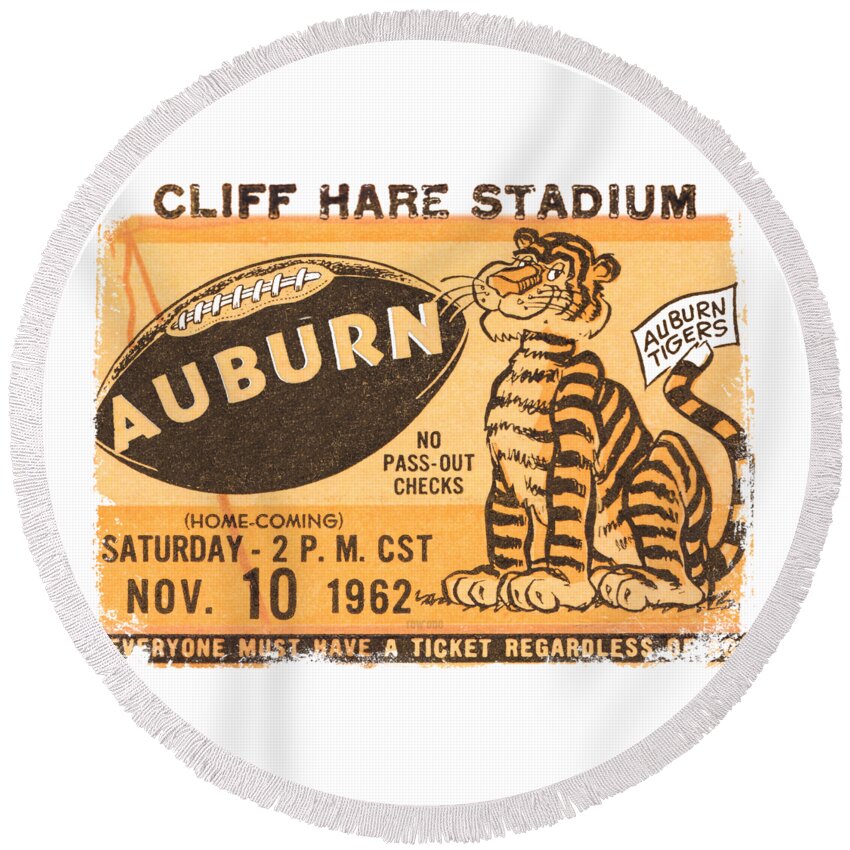 Auburn Round Beach Towel featuring the drawing 1962 Auburn Tigers by Row One Brand