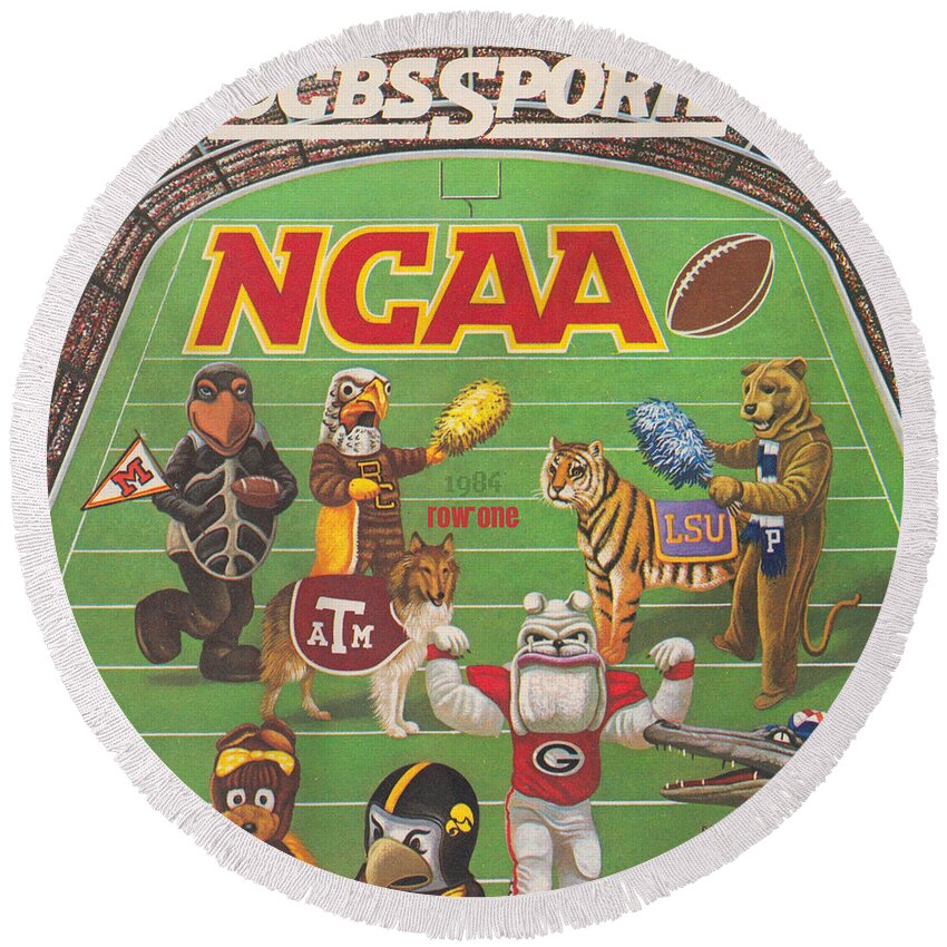 Ad Round Beach Towel featuring the mixed media 1984 CBS Sports Football Ad by Row One Brand