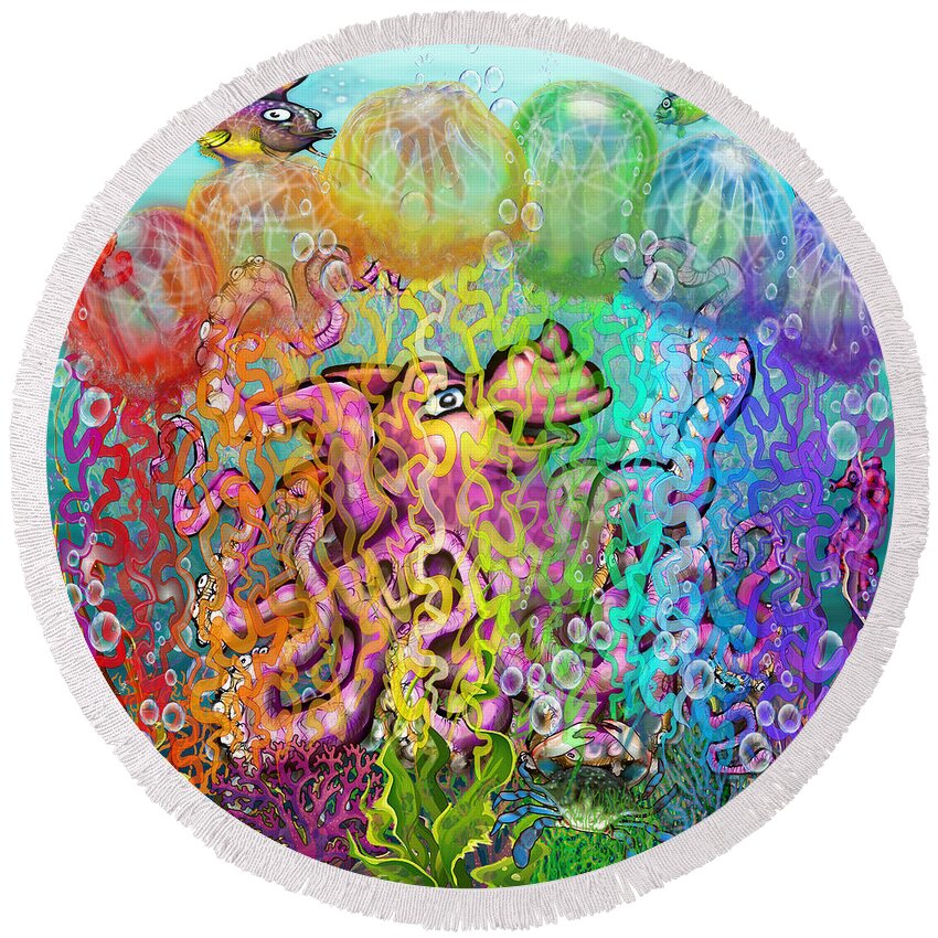 Aquatic Round Beach Towel featuring the digital art Fantasy Rainbow Tentacles by Kevin Middleton