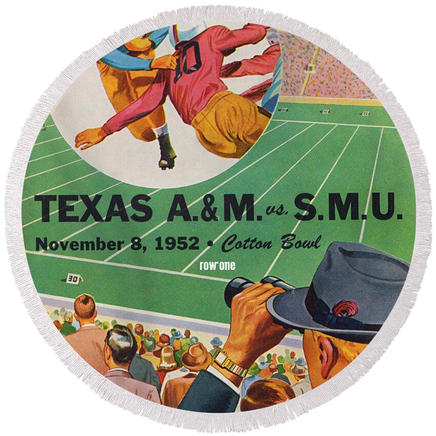 Smu Round Beach Towel featuring the mixed media 1952 Southern Methodist University Football Art by Row One Brand