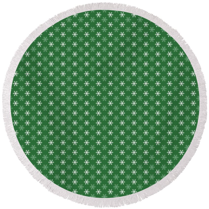 Snowflake Patterns Round Beach Towel featuring the digital art Snowflake Pattern in Green and White by Eclectic at Heart