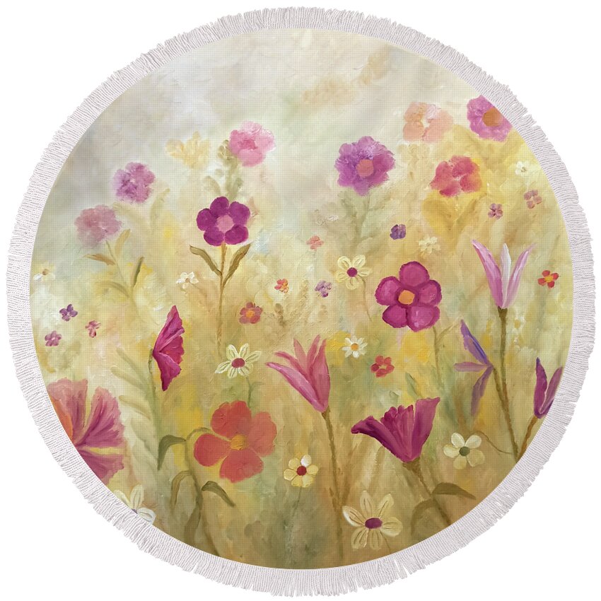 Wild Flowers Round Beach Towel featuring the painting Flowers In The Mist by Angeles M Pomata